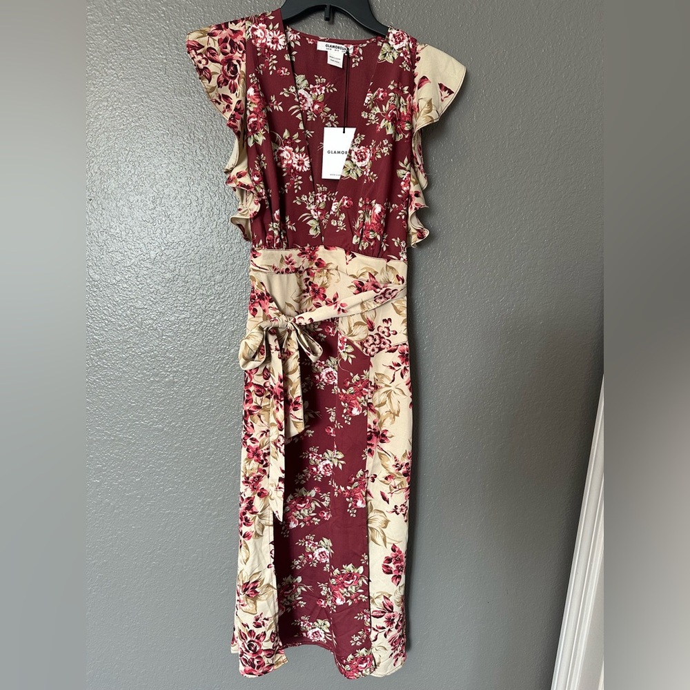 Glamorous Floral Ruffle Sleeve Midi Dress